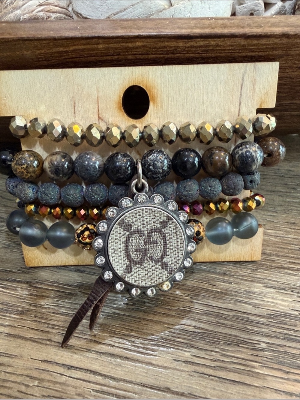 Keep it gypsy Layered Brown Beaded Bracelet Set with Up cycled Gucci Pendant